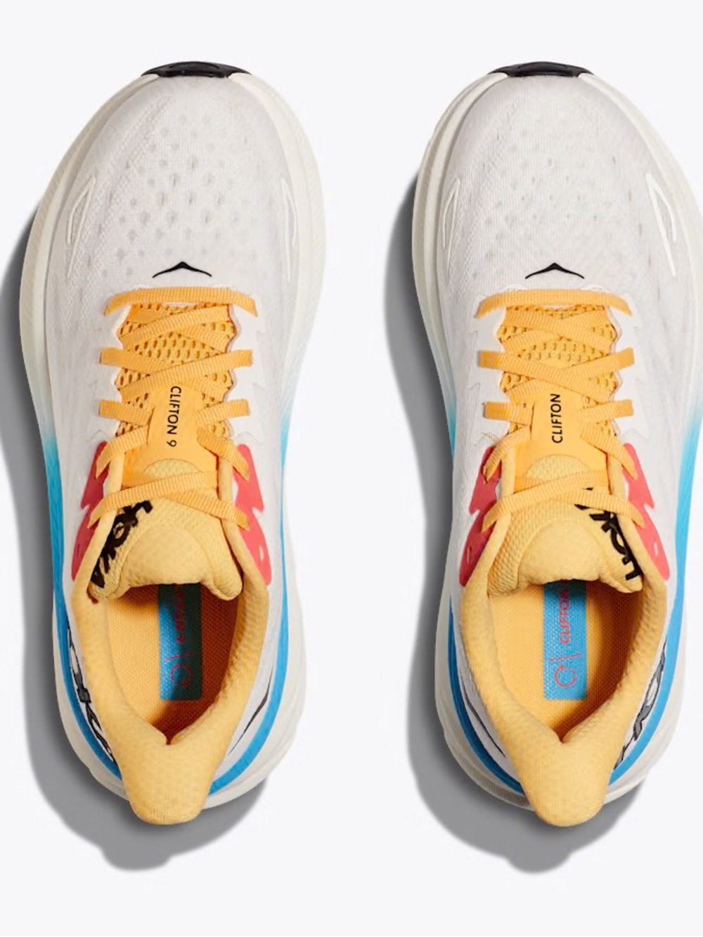 Hoka Clifton 9 Women's Running Shoes - White, Yellow & Blue